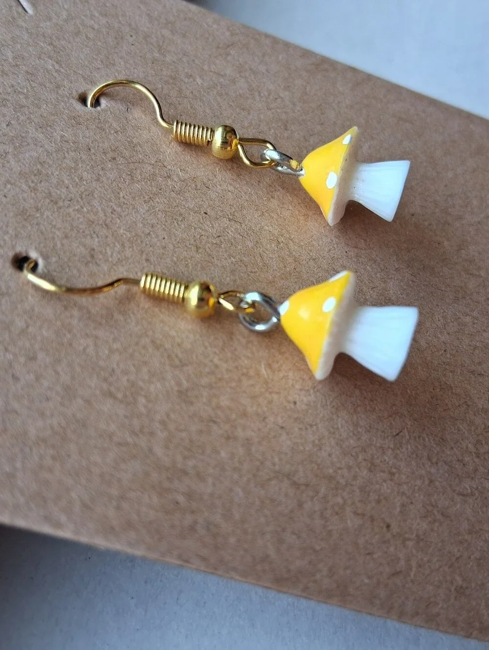 Hand Crafted Yellow & White Mushroom Drop Earrings with Gold Hooks
